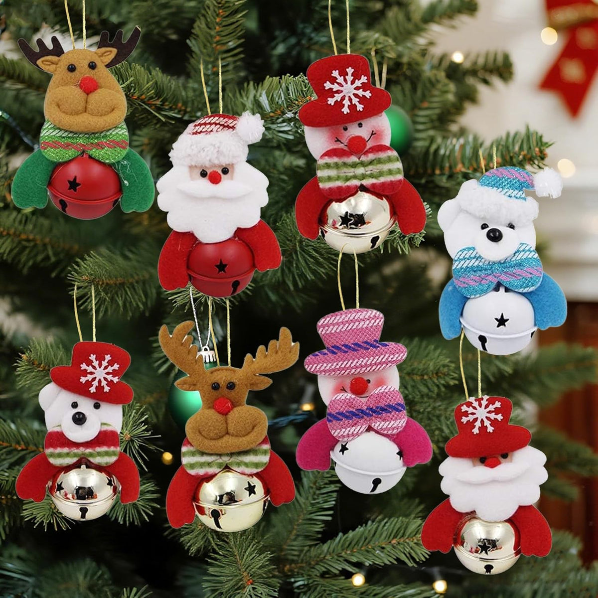 Happy Trees Christmas Tree Plush Ornaments Set for Xmas Home Party Decor, Christmas Hanging Snowman Elk Santa Claus Polar Bear Decorations with Metal Bells, 8 Pcs (Set of 8)