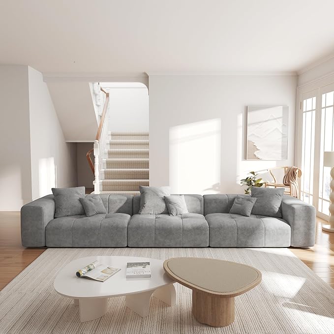 JACH 144 Inch Modular Sofa, Mid Century Modern Extra Deep Corner Seat Couch, 3-Seater Sofas for Living Room, Sectional Couches, Cozy Sofa for Apartment, Living Room (Linen Fabric, Grey)