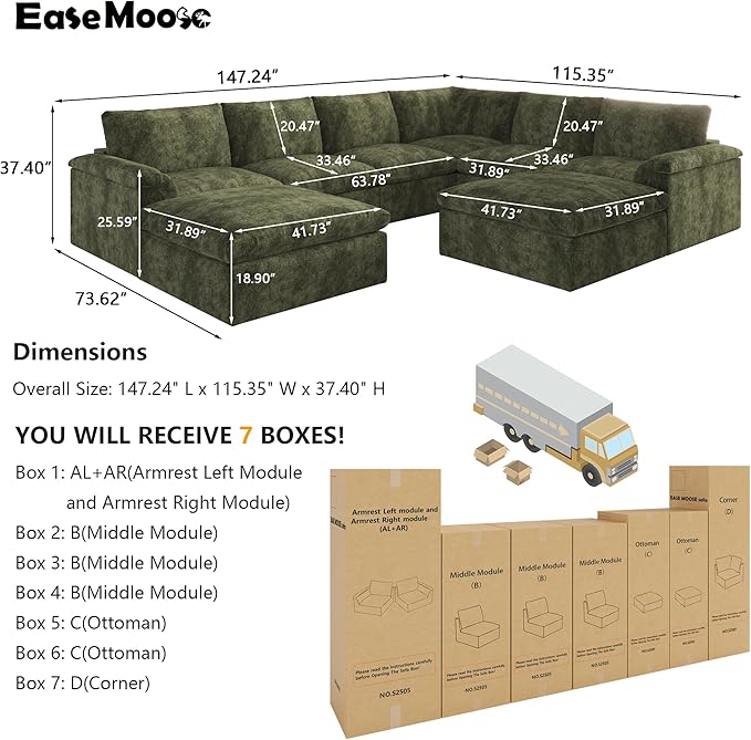 EASE MOOSE Oversized Boneless Sectional Couch-8-Seat, Corner V-Shaped Deep-Seat Modular Cloud Sofa, No-Assembly Chenille Sofa for Living Room, Green