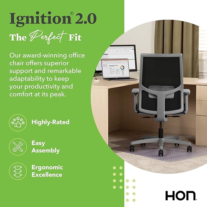 HON Ignition 2.0 Mid Back Task Chair, Spectrum Mesh, Standard Synchro-Tilt Control, Office Chair with Lumbar Support, Height and Width Adjustable Arms, Titanium Frame, Leaf
