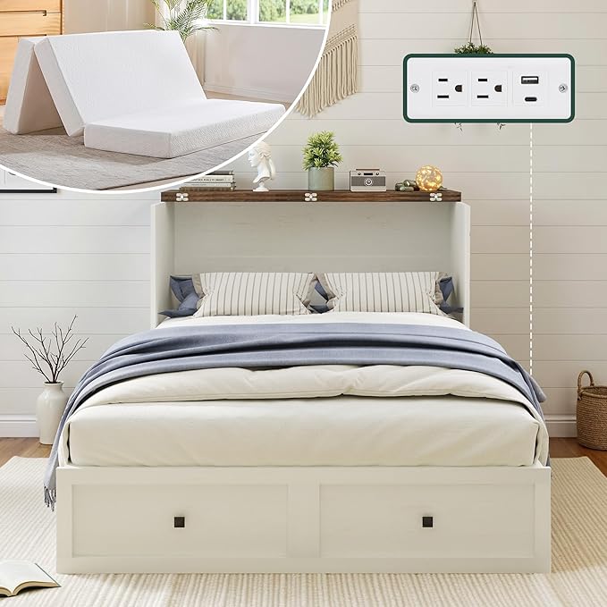 Full Murphy Bed with 6" Tri-Fold Memory Foam Mattress, Storage Drawer & Charging Station, Space-Saving Design for Home Office or Guest Room, White