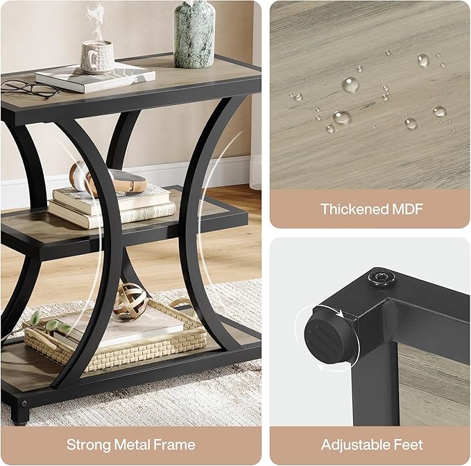 Tribesigns End Table with Storage, 3-Tier Side Table with Geometric Metal Design, Industrial Nightstand for Small Spaces, Living Room, Bedroom, Study Room (2, Grey)