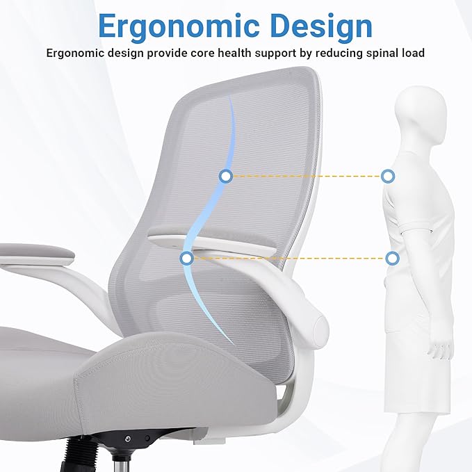 HYLONE Heavy Duty Office Chair, 5" Thickened Seat Ergonomic Desk Chair with Adjustable Armrests, Home Office Computer Chairs for Long Hours Mesh Executive Chair(White Base & Grey)
