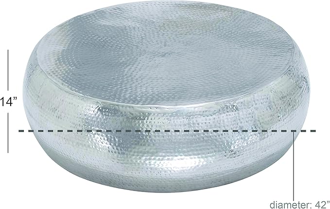Deco 79 Aluminum Metal Living Room Coffee Table Drum Shaped Table with Hammered Design, Center Table 42" x 42" x 14", Silver