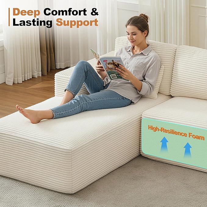 Modular Sectional Cloud Couch for Living Room,Modern Boneless Couche Set with Plush Corduroy,Comfy Floor Sofa with Memory Foam,Stupendous U Shaped Sofa with Ottoman,No Assembly Required,Beige