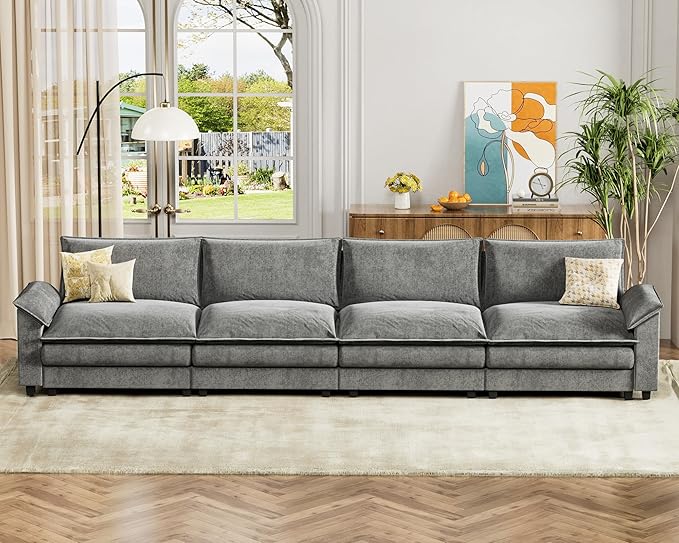Homall 159" Modular Sectional Sofa, Linear Sofa Couch with Double-Layer Cushion, DIY Combination Chenille Deep 4-Seat Cloud Couch for Living Room, Apartment (Light Grey, Linear Sofa)