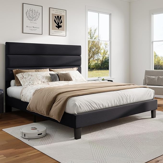 AMERLIFE Queen Size Bed Frame with Linen Upholstered Headboard, Modern Platform Bed with Wooden Slats Support, Noise-Free, No Box Spring Needed, Easy Assembly, Black
