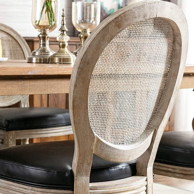 Farmhouse Leather Dining Room Chairs Set of 6 French Dining Chairs with Round Rattan Back French Bistro Chairs for Dining Room/Living Room/Kitchen/Restaurant, Black