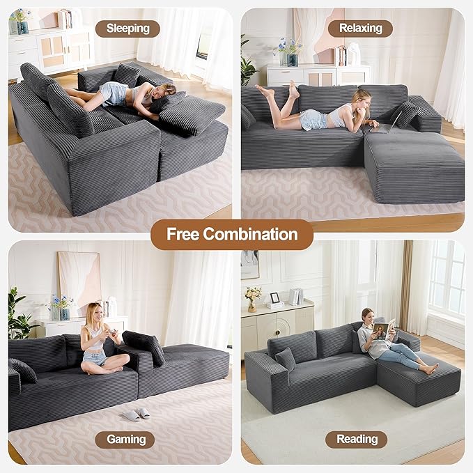 106" Cloud Modular Sectional Sofa Couch with L-Shape Chaise,Modern Boneless Sectional Couch with Deep Seat,Upholstered Couches for Living Room Bedroom,No Assembly Required,Dark Grey