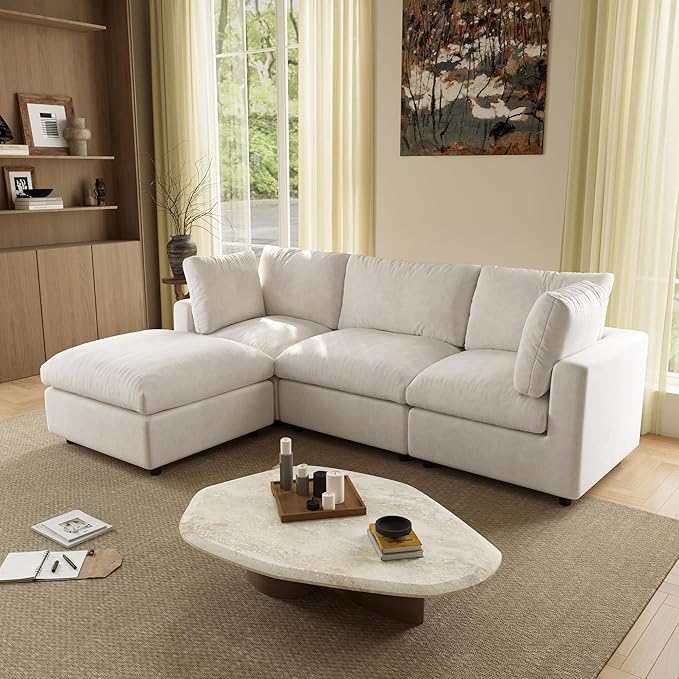 WJShome Modular Sectional Cloud Couch Modern L Shaped Sofa with Ottoman, 100 Inch 3-Seat Chenille Deep Seat Couches for Living Room, Bedroom and Apartment，Beige