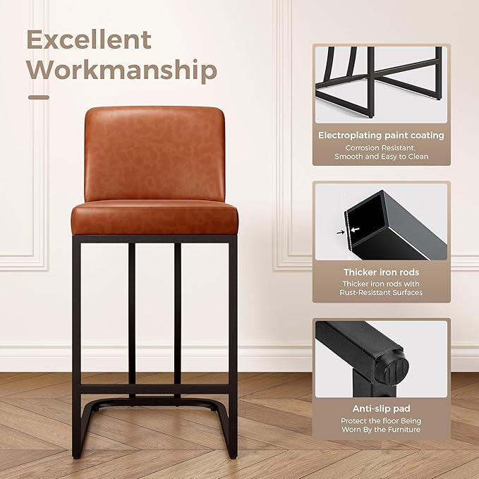 MAISON ARTS Counter Height Bar Stools with Back Set of 2 for Kitchen Counter, 24 Inch Modern Upholstered Faux Leather Barstools Farmhouse Bar Chairs Luxury Island Stools Support 330LBS, Brown