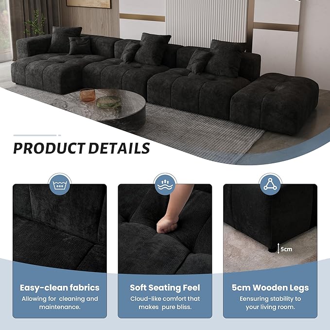 WJShome Modular Sectional Sofa,140inch Cloud Couch Deep Seat Sectional Couches for Living Room,Modern Linen Upholstered Loveseat Couch with Pillow for Home,Black