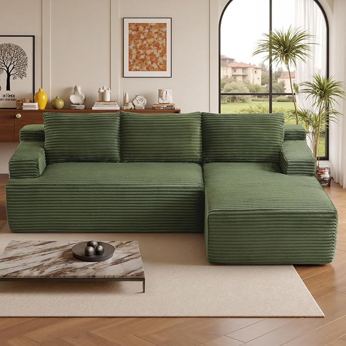 96''Sectional Couches for Living Room,Modern Modular Sectional Sofa,Upholstered Boneless Couch with Pockets,Comfy Cloud Couch with L Shaped Chaise(Green, 96''W Right Facing Chaise)