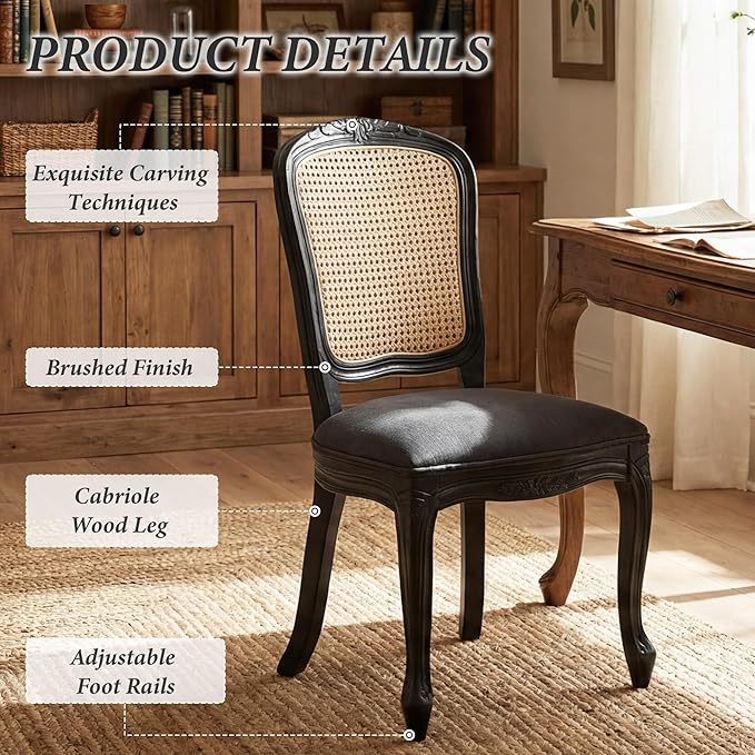Wicker Dining Chairs Set of 4, Upholstered Linen Fabric Dining Room Chairs with Square High Rattan Back Farmhouse French Kitchen Chairs for Dining Table/Living Room/Restaurant, Black