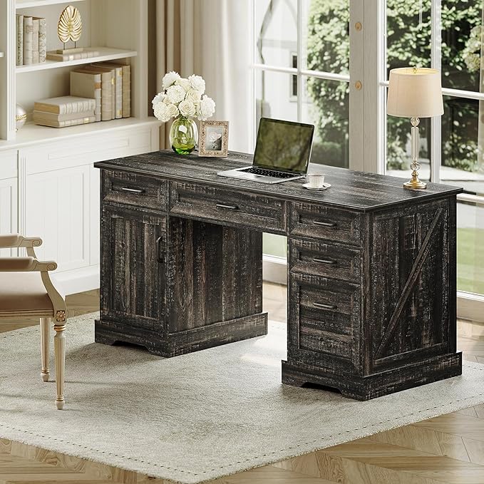 Casaottima 59 Inch Wood Farmhouse Office Desk with Drawers, Executive Computer Desk with File Cabinet & Charging Station for Home Office, Oak