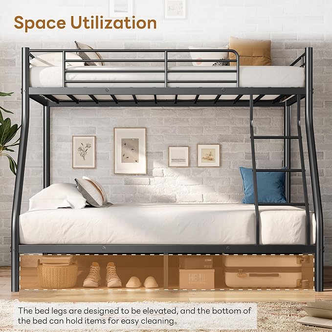 Bunk Beds Twin Over Full Size, Heavy Duty Metal Bunk Bed Frame with Angled Ladder for Teens and Adults, for Spaces-Saving, Smooth Rounded Edges, Noise Free & Easy Assembly, Black