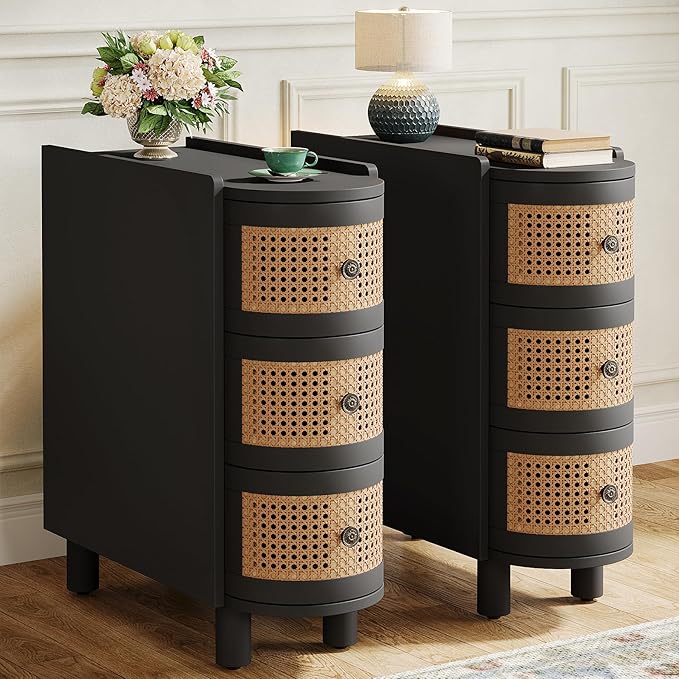 Tribesigns Solid Wood End Table Set of 2, 3-Drawer Rattan Side Table, Night Stand with 3 Rattan Drawers and Exquisite Embossed Handles for Living Room, No Assembly Required (Black & Oak)