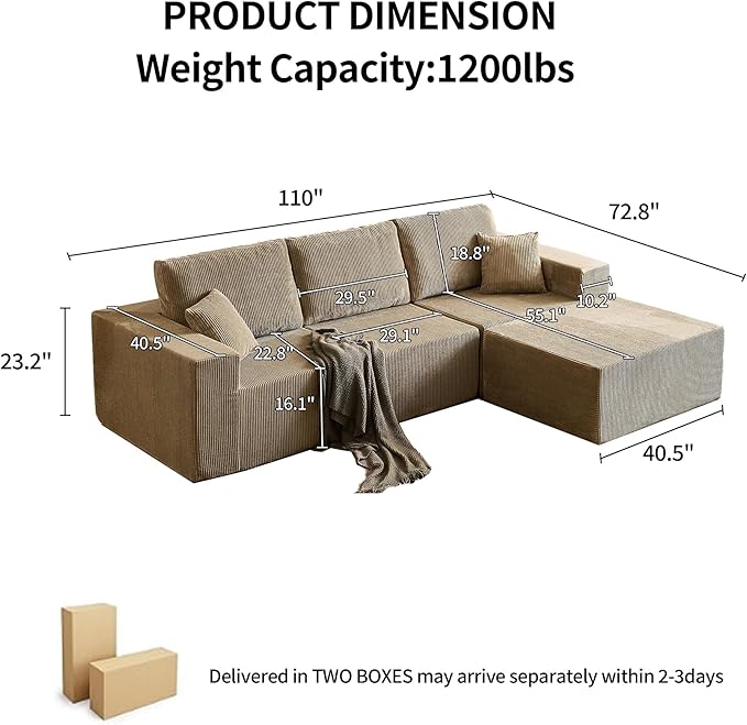 110" Boneless Cloud Sectional Couch for Living Room, Compressed Modular L-Shaped Sofa with Deep Seat, Frameless Corduroy Couch in Boxes, No Assembly Required 3-Seater (Left-Facing Chaise, Grey)