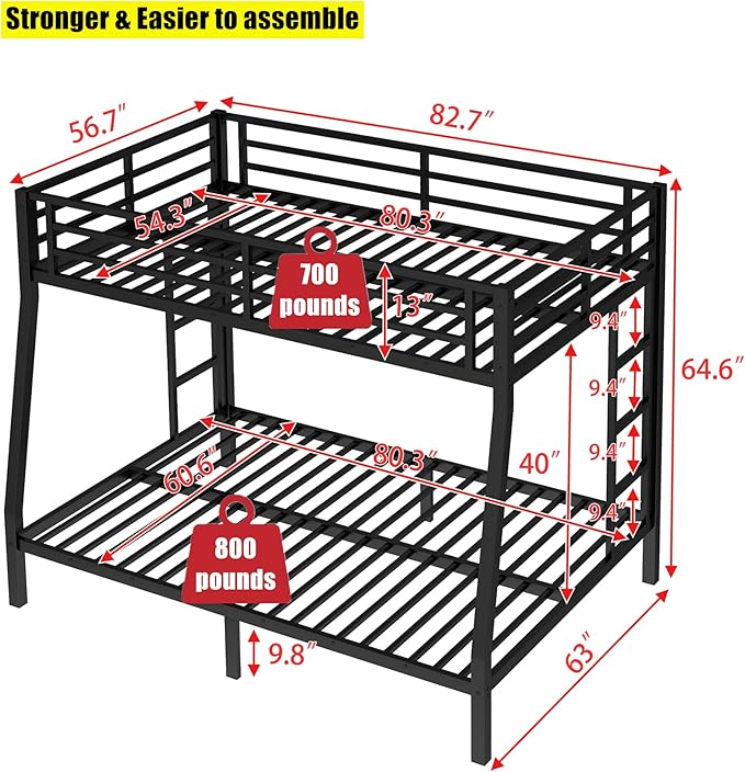 Higher Quality & Stronger Heavy Duty Industrial Style Metal Full XL Over Queen Bunk Bed, Thickened More Stable Black Steel Bunkbed Bunk Queen Bed (Easier to Assemble) (Full XL Over Queen)