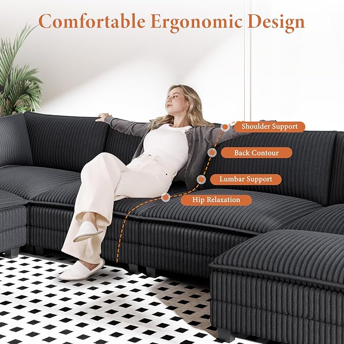 Vesgantti 143" L Shaped Modular Sectional Sofa, Comfy Corduroy Upholstered Modular Sectional Couches for Living Room, Modern Cloud Couch with Ottoman Deep Seat, Dark Grey