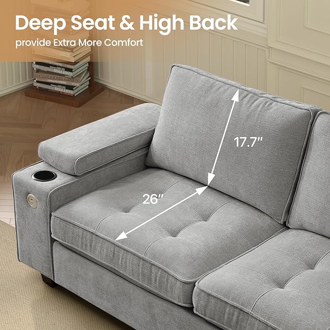 74" Loveseat Couch for Living Room,Modern Chenille Upholstered Sofa with Adjustable Storage Armrest,Cup Holders,USB & Type-C Ports,Solid Wood 2-Seater Loveseat Sofa for Apartment(Gray)