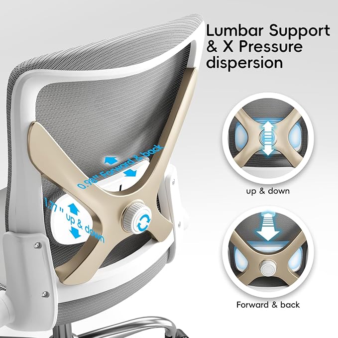 Office Home Ergonomic Desk Chair-Computer X-Shaped Chair Mesh PU Leather with Adjustable Lumbar Support-Executive Chair High Back Flip-Up Arms for Long Hours (Grey-No Headrest)