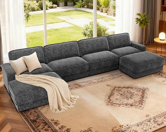 Sunny Heart 160" U-Shaped Modular Sectional Sofa, Oversized Cloud Couch with Movable Ottoman, 6-Seat Chenille Deep Seat Sofa with Pillow, Sectional Couches for Living Room, Apartment, Dark Grey