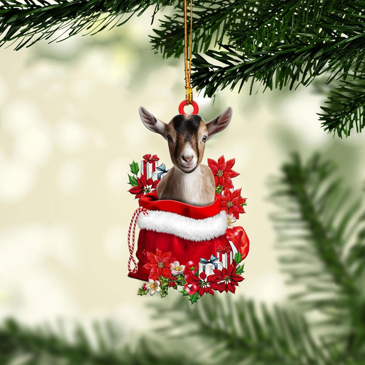Talataca Goat 2D Flat Christmas Ornament, Goat in Red Santa Gift Bag Pine Tree Decor, Hanging House Charm Eve Keepsake, Car Rear View Mirror Accessories, Xmas Gift
