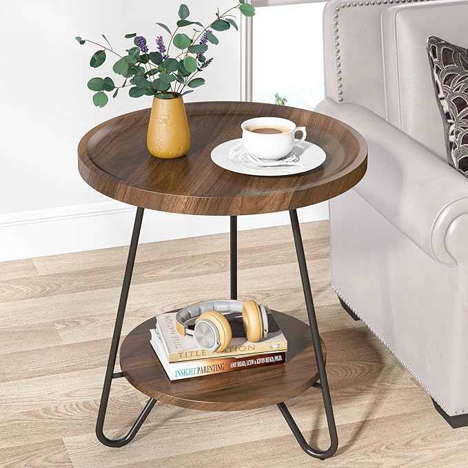 Tribesigns Set of 2 Round Side Table, 2-Tier End Table with Metal Legs, Modern Industrial Beside Table, Small Accent Table Snack Table for Living Room, Bedroom, Small Space, Brown