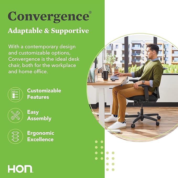 HON Convergence Ergonomic Office Chair, Breathable Back Support Mesh, Adjustable Arms, Computer Chair with Lumbar Support, Rolling Swivel Wheels, Comfortable Synchro-Tilt Recline, Fabric, Bark