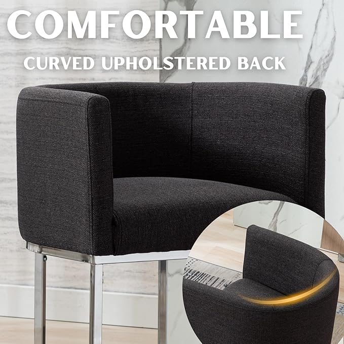 Contemporary Charcoal Linen Bar Stools Set of 2, 24" Upholstered Fabric Counter Height Barstools Kitchen Counter Island Stools with Screwed Together Chrome Finish Base