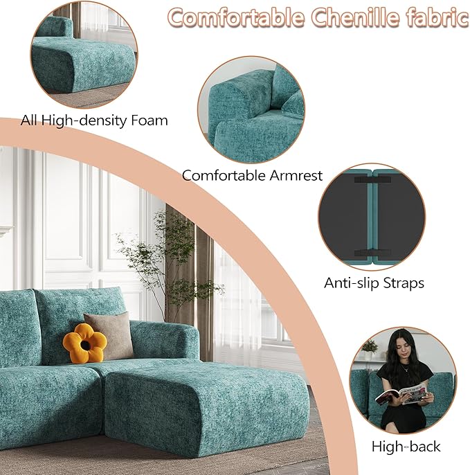 EASE MOOSE Boneless Modular Cloud Couch, Oversized U-Shaped Sectional Sofa for Living Room with Ottoman, Extra Large Movable Couches, 6-Deep-Seat Sofas for Bedroom, Apartment, Chenille (Blue)
