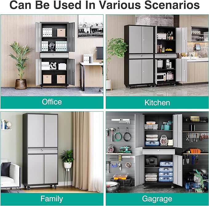 Metal Garage Storage Cabinet with Wheels and Drawer,Gray Rolling Garage Cabinet with Locking Doors and Adjustable Shelves,73" Tall Mobile Metal Storage Cabinets on Wheels for Home,Office,Garages,Tool