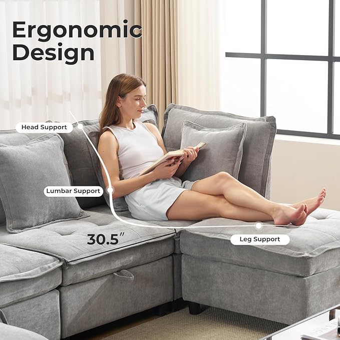 133" U-Shaped Modern Sofa, Modular Sectional Cloud Couch with 2 Ottoman, Oversized Modular Sectional Sofa with Storage Ottoman, 6-Seat Chenille Deep Seat Sofa with 6 Pillows for Living Room, Grey