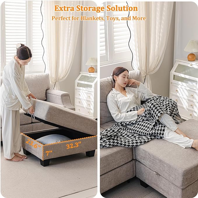 85" Sectional Couches with Storage Ottoman,L Shaped Couch with Armrest Organizer,3-Seater Sofa,Small Couch for Living Room,Apartment,Sofa Set with Oversized Chair,Chenille,Khaki