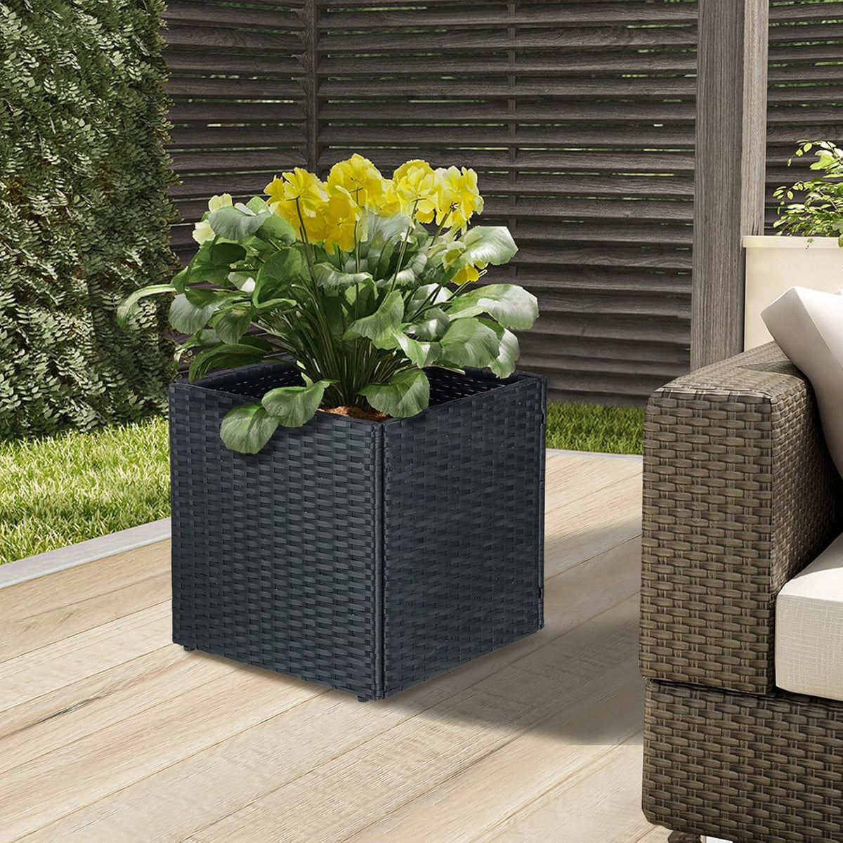 SUNNYPARK Set of 2 Large Square Planter with Removable Liner, All-Weather PE Rattan Modern Planters Indoor Outdoor Flower Plant Pots Garden Box Patio Yard Front Porch Deck