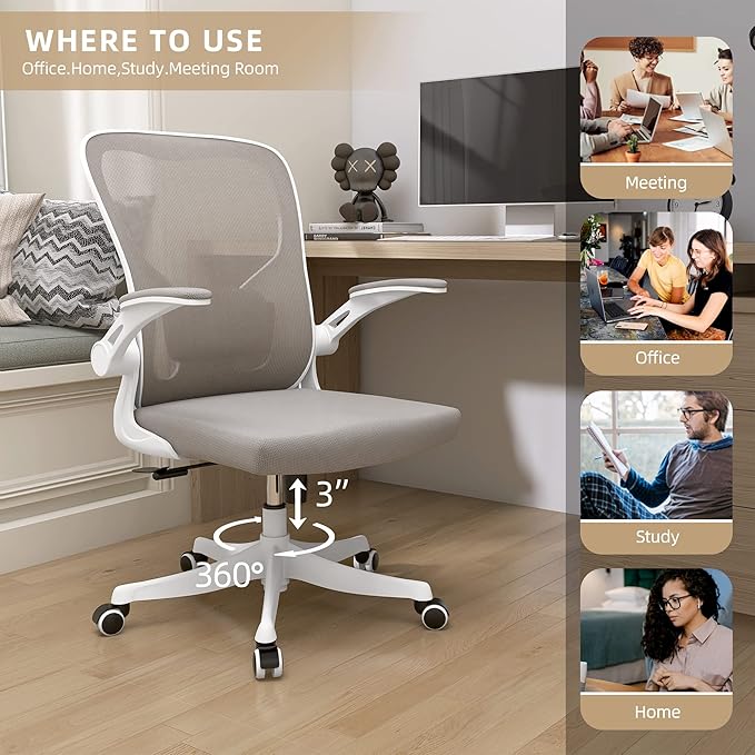 Monhey Office Chair Ergonomic Desk Chair with Lumbar Support&Headrest&Flip-up Arms Height Adjustable Rocking Swivel High Back Computer Chair Warm Taupe Mesh Study Chair (01Khaki)