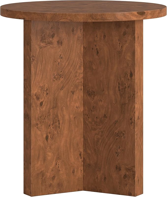 Henn&Hart 20" Scandinavian Round Wooden End Table, Side Table, Nightstand with X-Base for Living Room, Office, Family Room, or Bedroom, Walnut Burl
