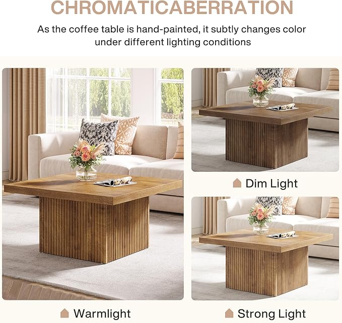 Tribesigns Square Coffee Table, 31.5-Inch Fluted Coffee Table, Mid-Century Modern Living Room Table, Large Cocktail Table for Living Room, Easy Assembly, Yellow