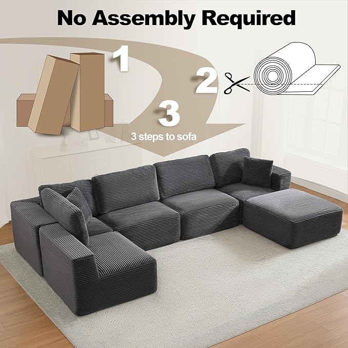 Modular Sectional Cloud Couch for Living Room,Modern Boneless Couche Set with Plush Corduroy,Comfy Floor Sofa with Memory Foam,Stupendous U Shaped Sofa with Ottoman,No Assembly Required,Grey