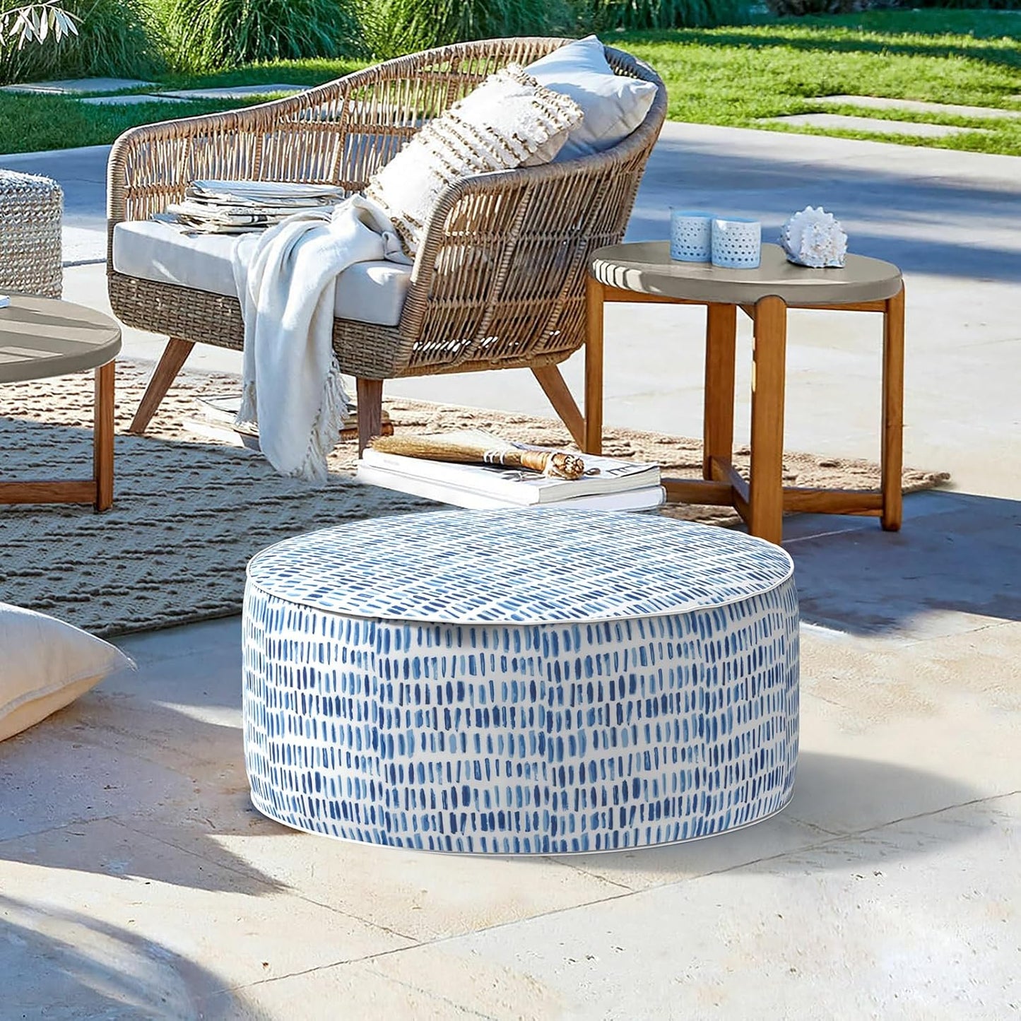 LVTXIII Outdoor Inflatable Ottoman Stool, Patio Water Repellent Footrest Stool with Handle, Portable Outside Round Ottoman for Patio Garden, Camping or Home Use, 21"x21"x9", Blue Pebble