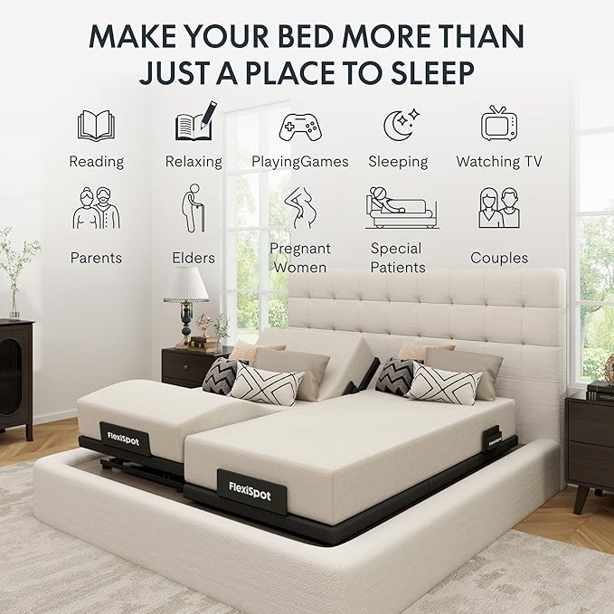 FLEXISPOT Adjustable Bed Frame Base Split King,Massage, Zero Clearance, Synchronized Adjustment,Whisper Quiet Durable Motor,Zero Gravity,Mattress Holders.