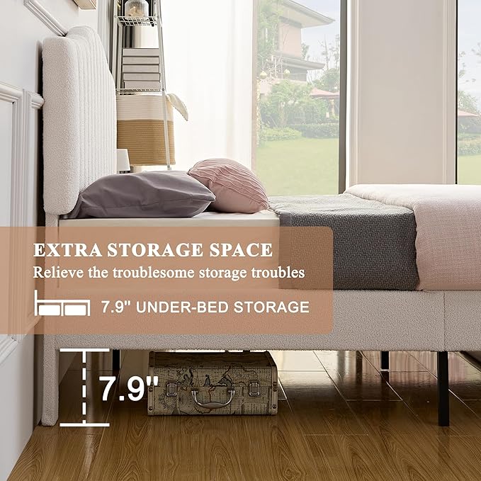 VECELO Queen Size Bed Frame Upholstered Platform Beds with Height-Adjustable Teddy Fabric Headboard, Strong Wood Slats 7.9'' Under Bed Storage Space Noise-Free No Box Spring Needed, Beige