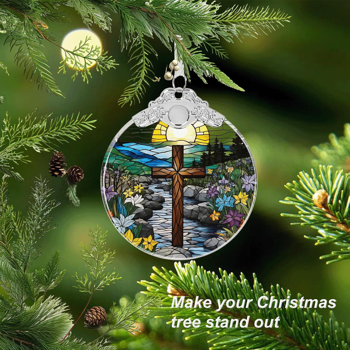 Cross Stained Glass Religious Christmas Ornament, Hanging Ornaments for Christmas Tree Decorations, Christian Gifts Holiday Keepsake Present Exchange Idea