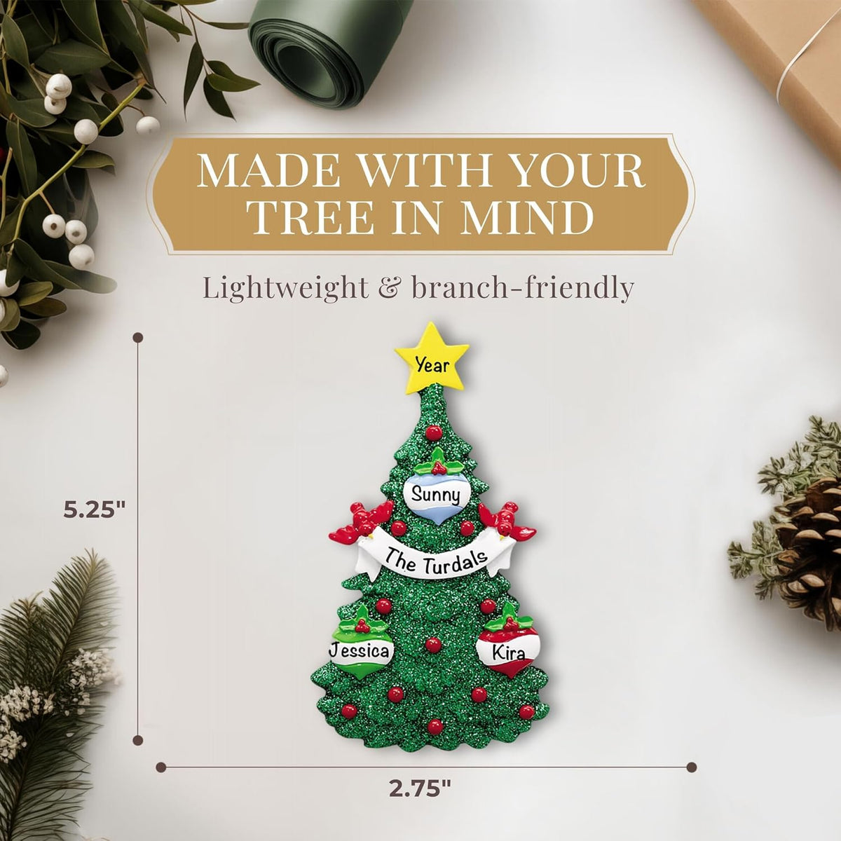 Personalized Family of 3 Ornament 2025 | Free 24h Customization | Christmas Ornaments for Tree | Custom Gift Wrapped Green Glitter Keepsake for Three Persons