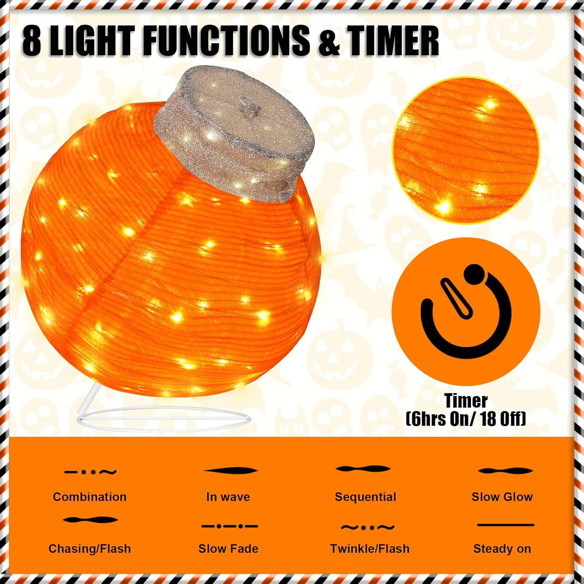 BRIGHTDECK Outdoor Halloween Ornaments, Lighted Pop-Up Outdoor Holiday Ball Decoration with 80 LED Lights, 8 Light Modes, Lighted Collapsible Holiday Decorations for Yard, Home(Orange)
