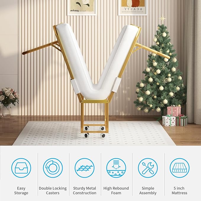 Mjkone Folding Bed with 5 Inch Memory Foam Mattress, Single Rollaway Bed for Guests, Space Saving Portable Bed with Lockable Wheels, Easy Assembly & Moving, 75 x 38 -Gold