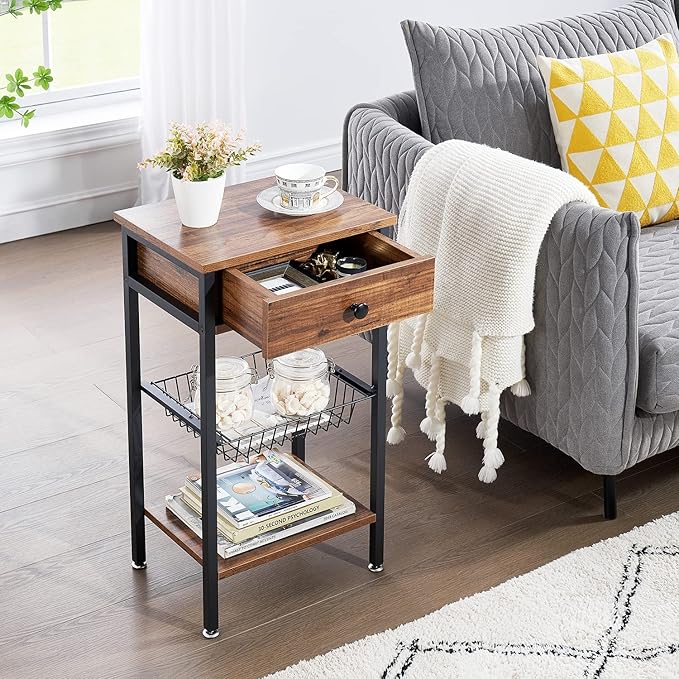 VECELO Tall End Side Tables 27 Inch Night Stand with U-Shape Basket and Storage Drawer/Shelf for Living Room/Bedroom/Small Spaces, Set of 2, Hemp Gray