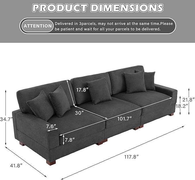 Modular Sectional Couches for Living Room, 118" Modern Upholstered 3-Seater Sofa Couche for Living Room Bedroom, Grey