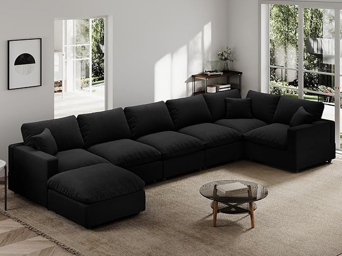 Modern Sectional Linen Couch for Living Room V-Shape Sofas,7 Seat Modular Cloud Sofas,Couches Cushion Covers Removable,Cozy Feather Down Sofa for Apartment Black